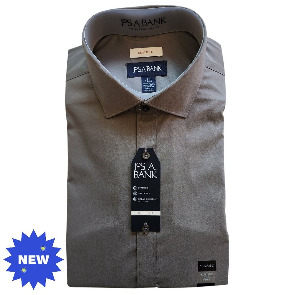 16.5 34/35 Gray Skinny Fit Dress Shirt Jos A Bank Mens New Stretch Long Sleeve